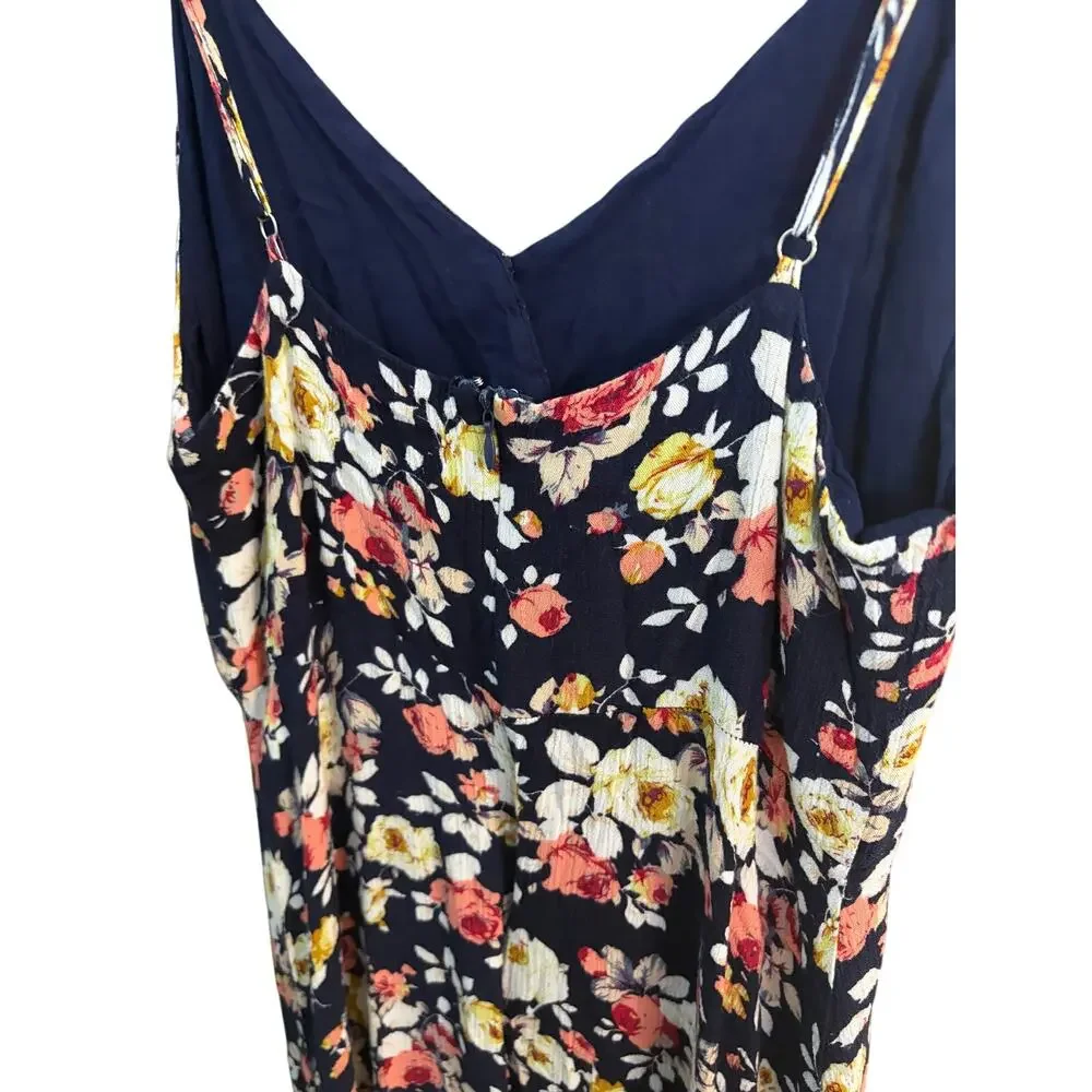 Lulus Navy Floral Maxi Dress M Sleeveless V-Neck Back Zip Side Slit Wedding